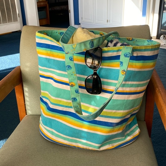 Beach Tote Colorful Green & Blue Striped with Pocket inside of Tote - Picture 8 of 8